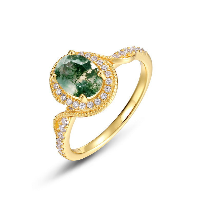 S925 Sterling Silver Gold-Plated Moss Agate Signature Ring