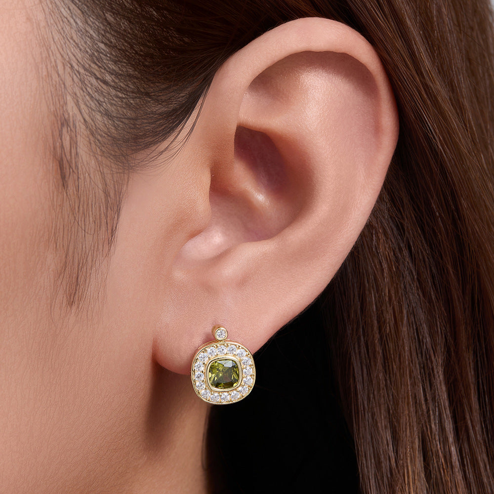 S925 Sterling Silver Retro Court Olive Green Zircon Stud Earrings Geometric Oval Inlaid