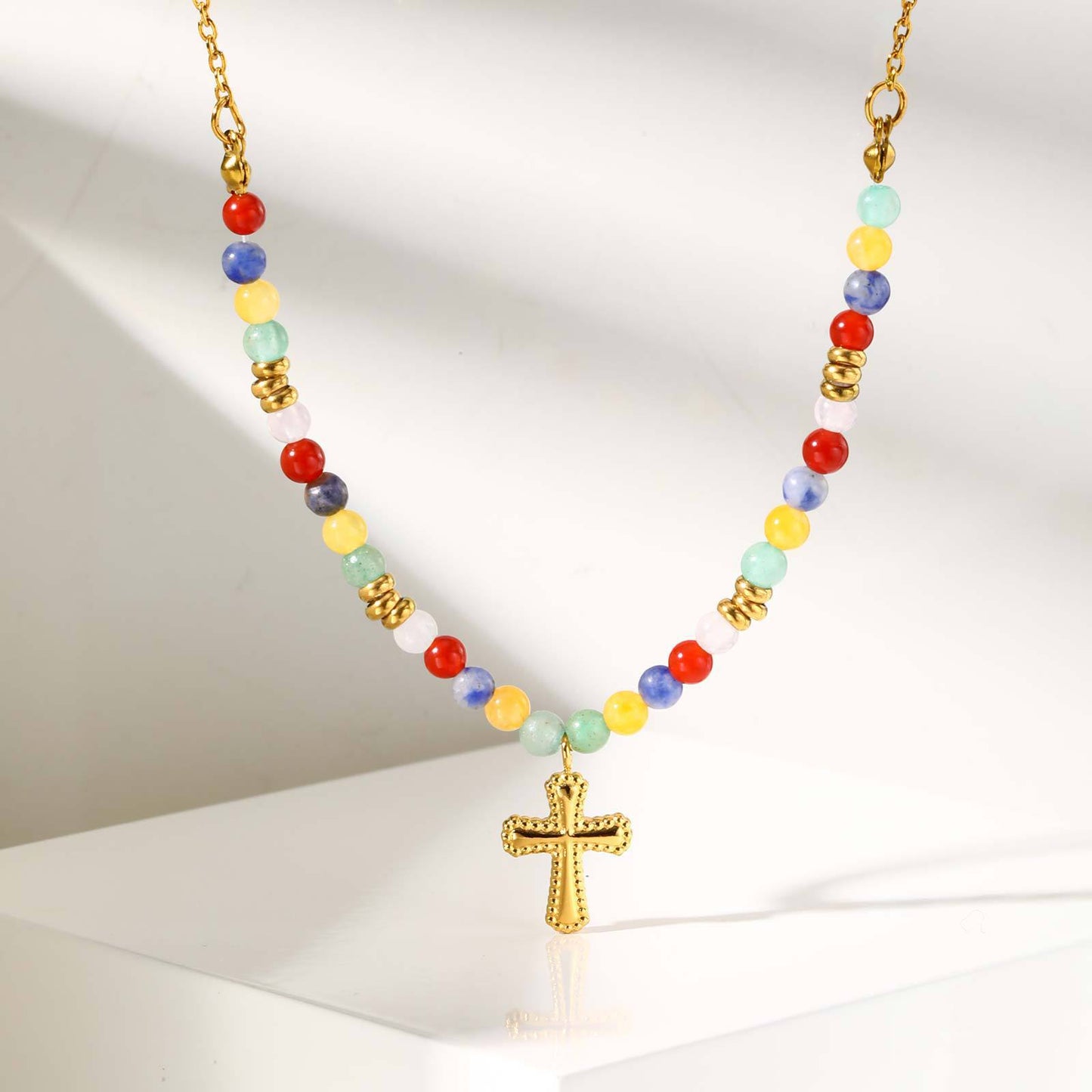 Stainless Steel Colored Natural Stone Bead Cross Cherry Teardrop Heart-Shaped Necklace