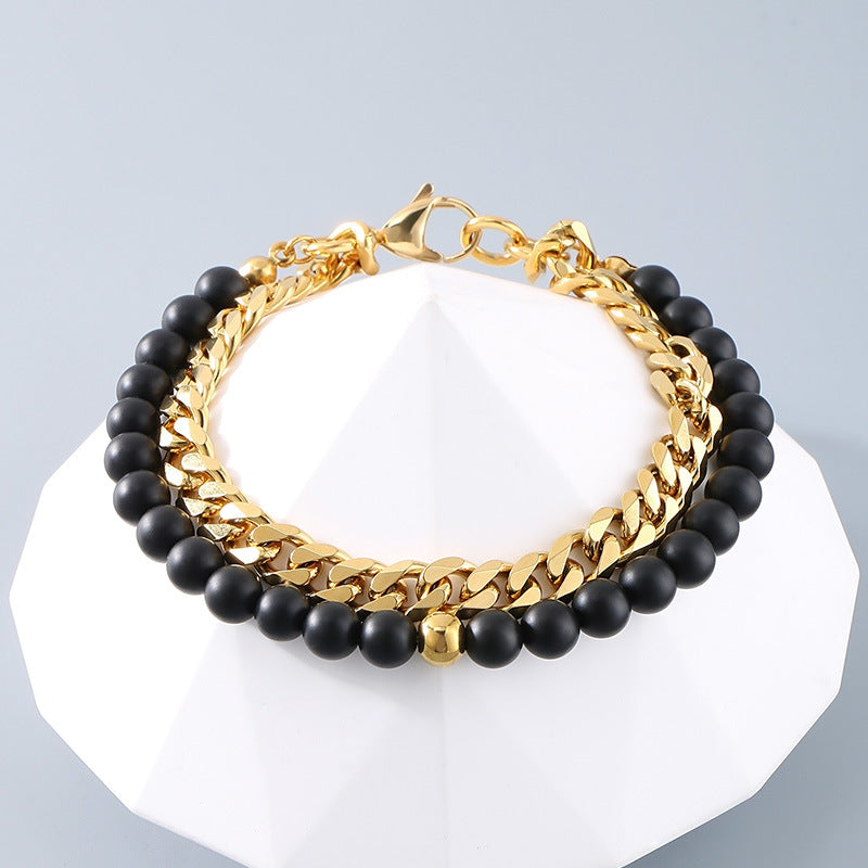 Planderful Mens Beaded Bracelet Black Agate Double Layer