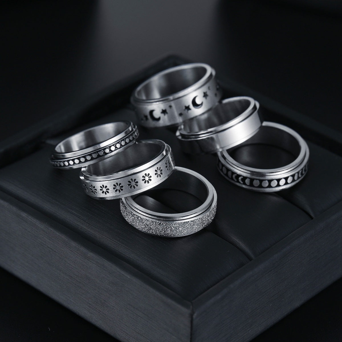 Rotatable Star Moon Stainless Steel Ring Set For Unisex Couples By Planderful Collection Premium Gift
