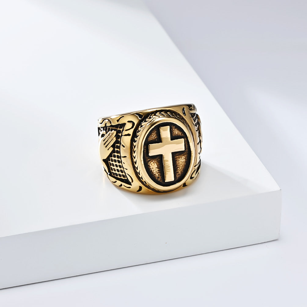 European And American Literary Retro Prayer Hand Cross Titanium Steel Ring Men's Hip-Hop Jewelry