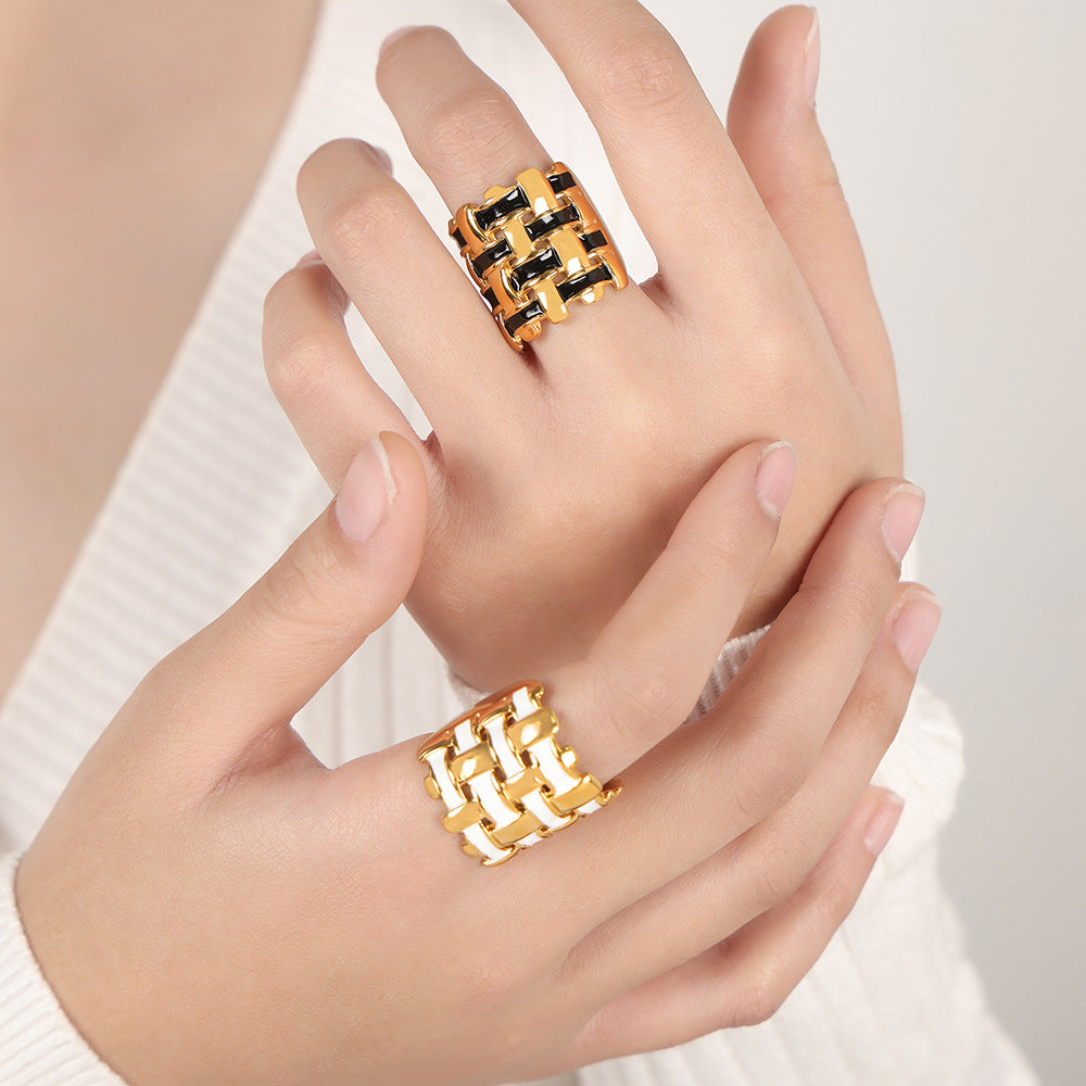 Golden Enamel Woven Ring - Women's Titanium Steel Jewelry