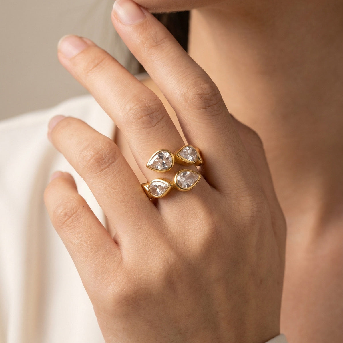 Women's Stainless Steel Water Drop Zircon Open Ring Gift