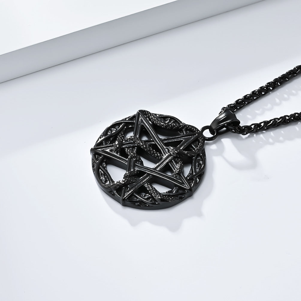 Planderful Pentagram Necklace Titanium Steel With Python Wrapped For Gothic Punk Lovers