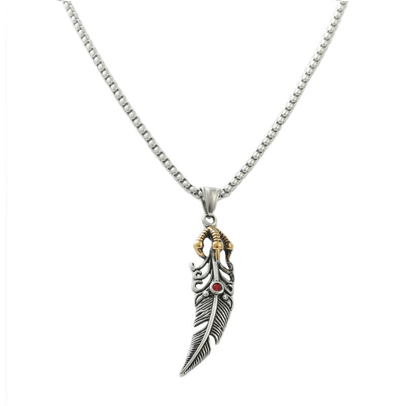 Men's Retro Titanium Steel Feather Pendant Necklace - Trendy Animal Design