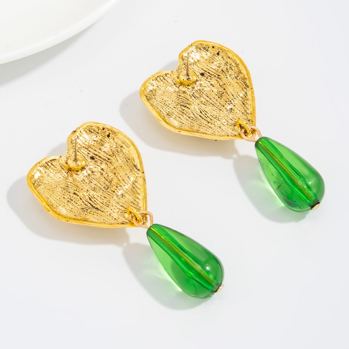 Planderful Medieval Green Water Drop Pendant Earrings Inlaid Peach Heart Gem Vienna Verve For Vintage Jewelry Lovers