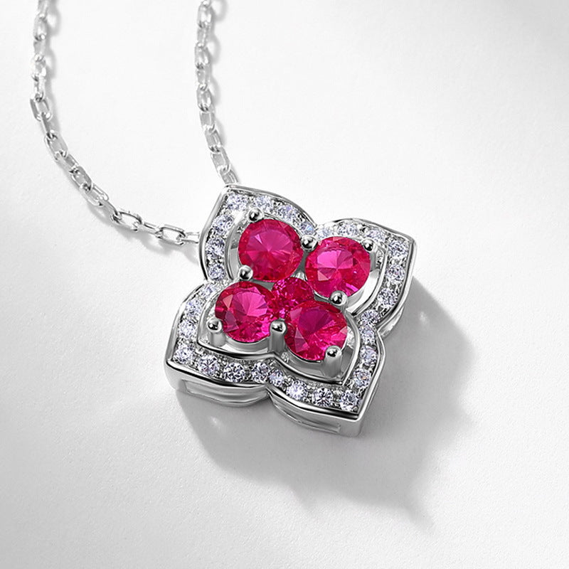 S925 Sterling Silver Lab-Grown Gemstone Four-Leaf Clover Pendant Necklace