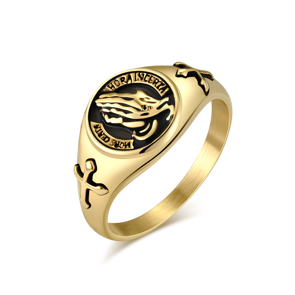 Cross-Border European and American Style Prayer Hand Cross Titanium Steel Ring Men's and Women's Wedding Ring