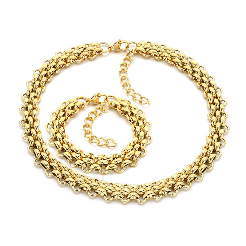 Mens Titanium Steel Triple Row Chain Necklace Bracelet