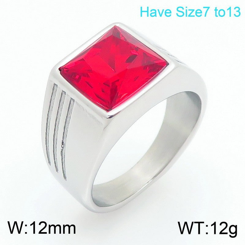 Popular Vacuum Electroplated Rings, Retro Square Red Gemstone Titanium Steel Trendy