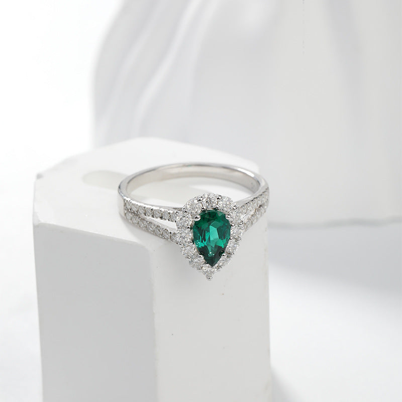 Jewelry 1 Carat Water Drop Lab Grown Emerald Halo Ring