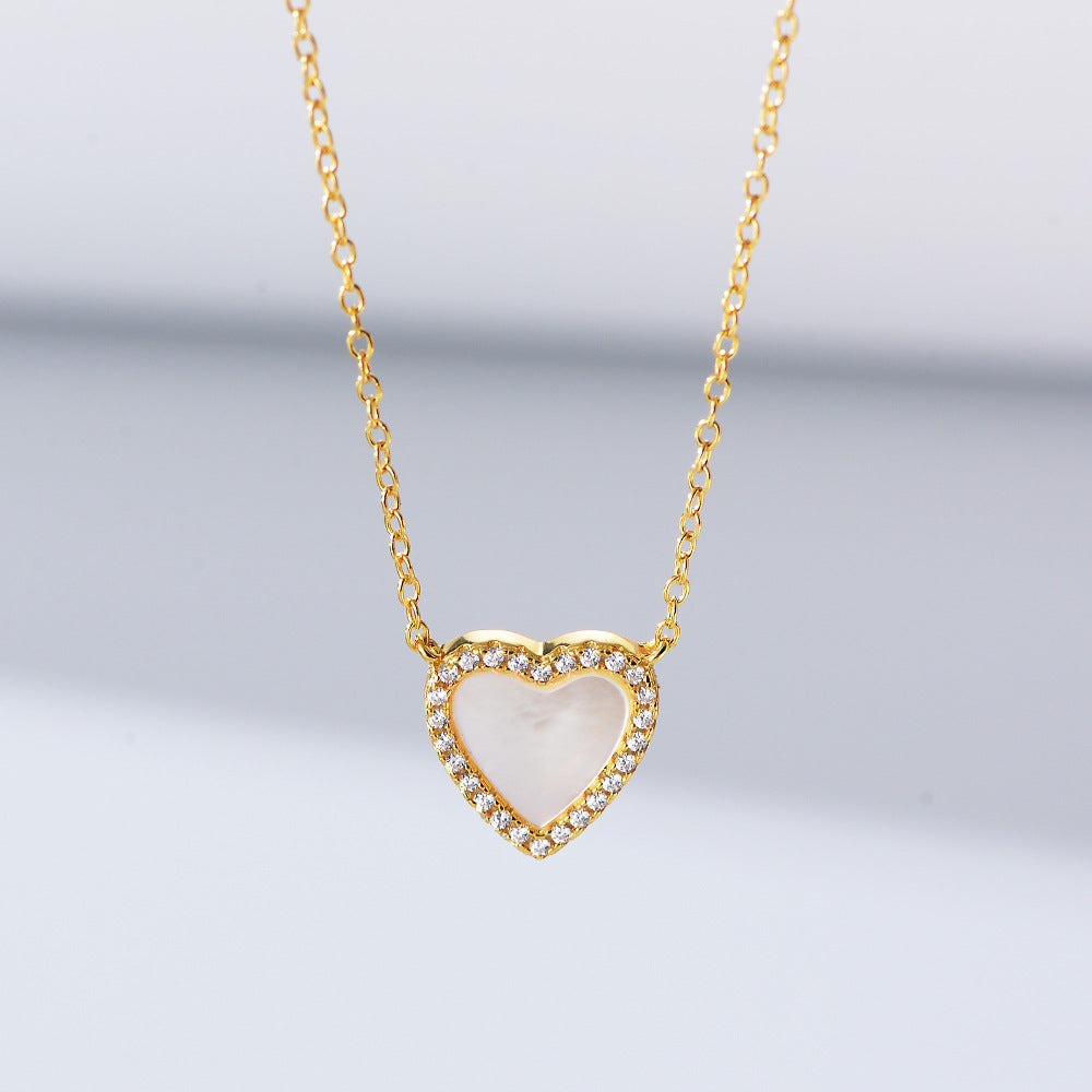 S925 Sterling Silver Love-Shaped Shell Pendant Necklace Korean Version Zircon