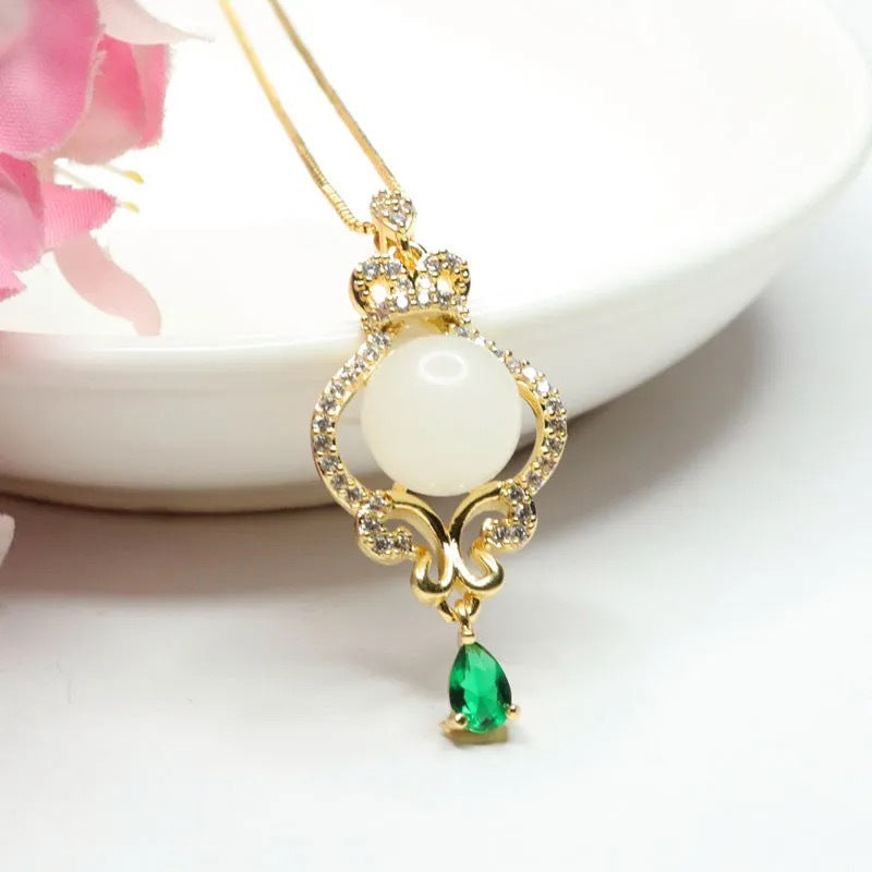 White Hetian Jade Crown Pendant — No Chain