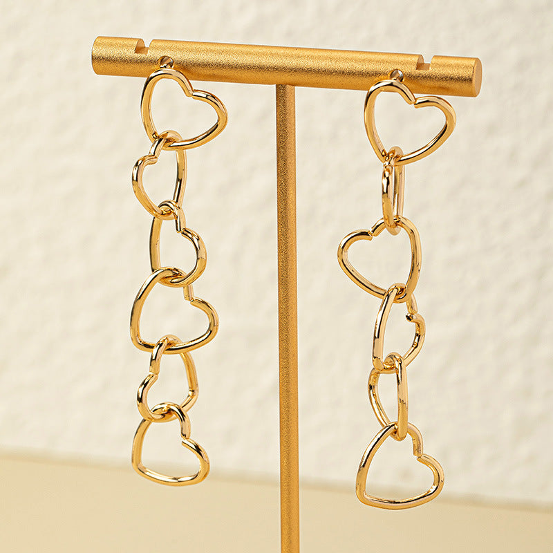 Peach Heart Chain Tassel Earrings with a Twist of Korean Style