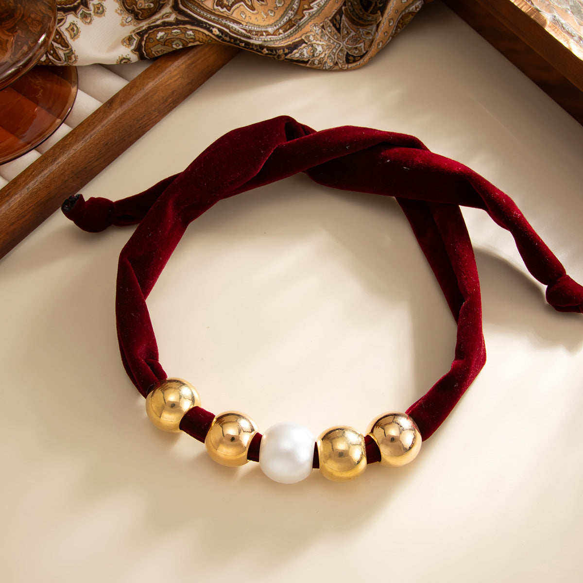 Knotted Fabric Pearl Bead Necklace