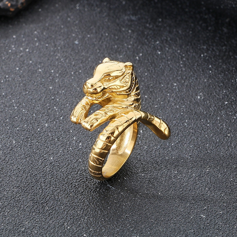 Planderful Zodiac Tiger Head Ring Mens Titanium Steel