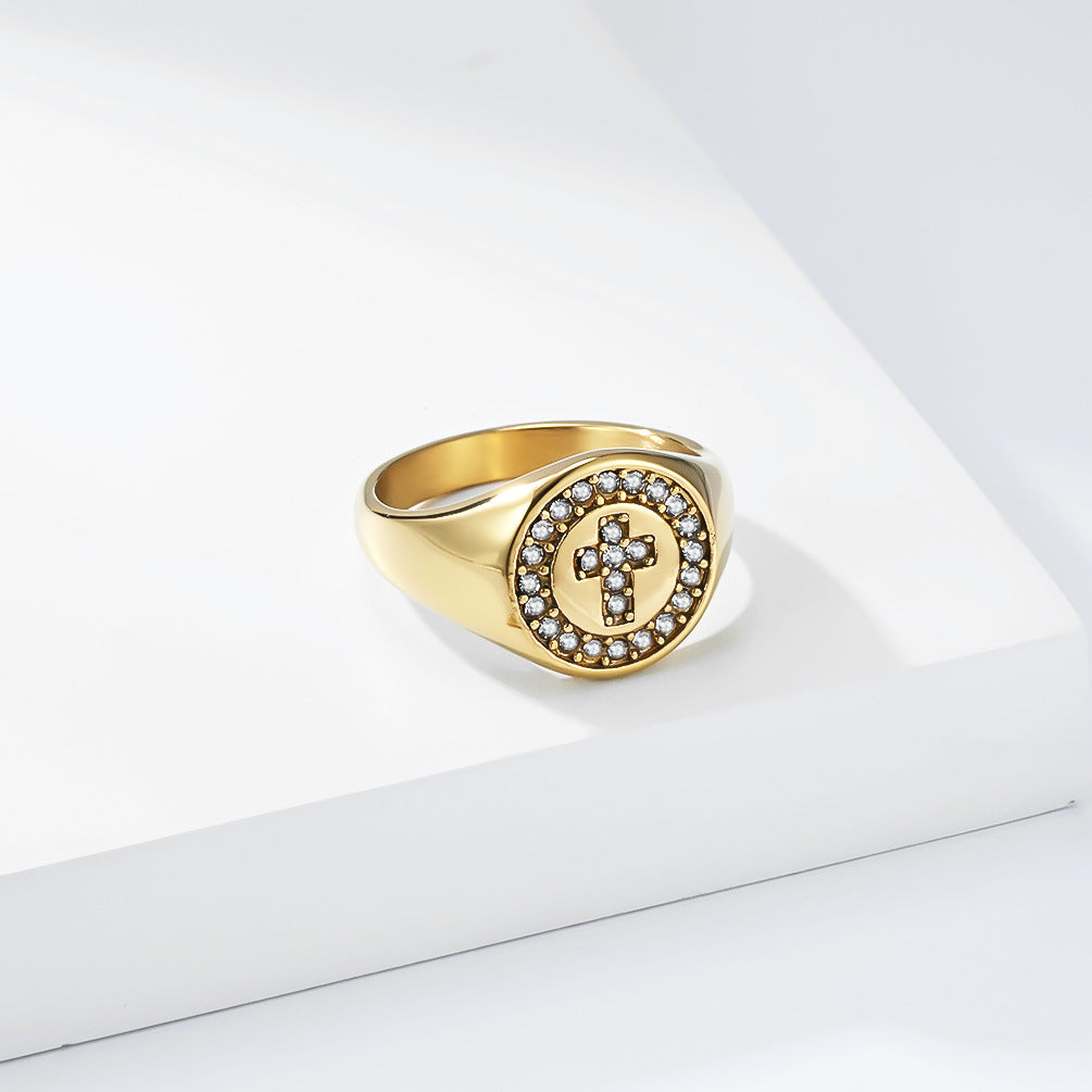 Zircon Cross Ring Titanium Gold Plated Unisex Planderful