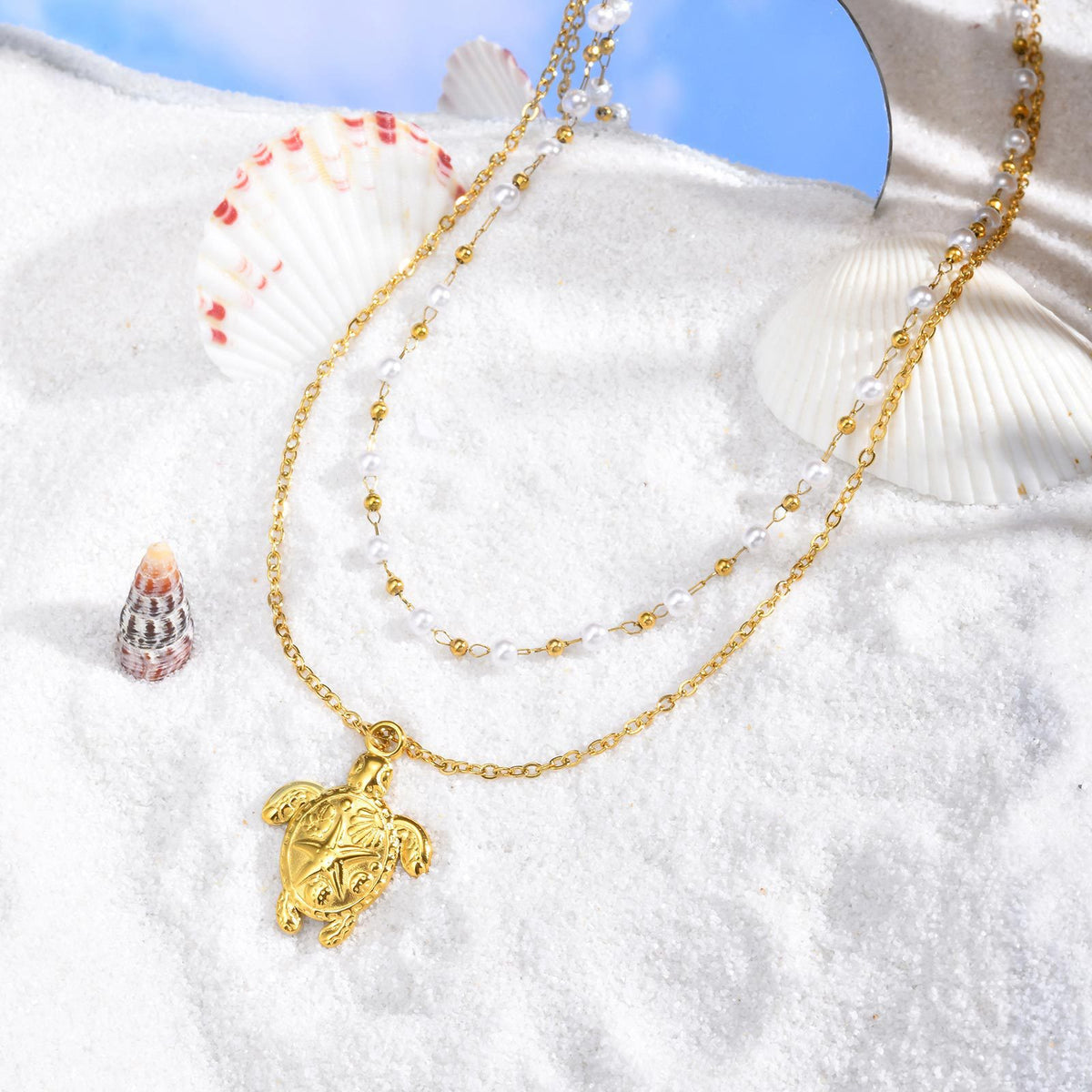 Summer Seaside Ocean Wind Stainless Steel Turtle Imitation Pearl Double Layer Necklace
