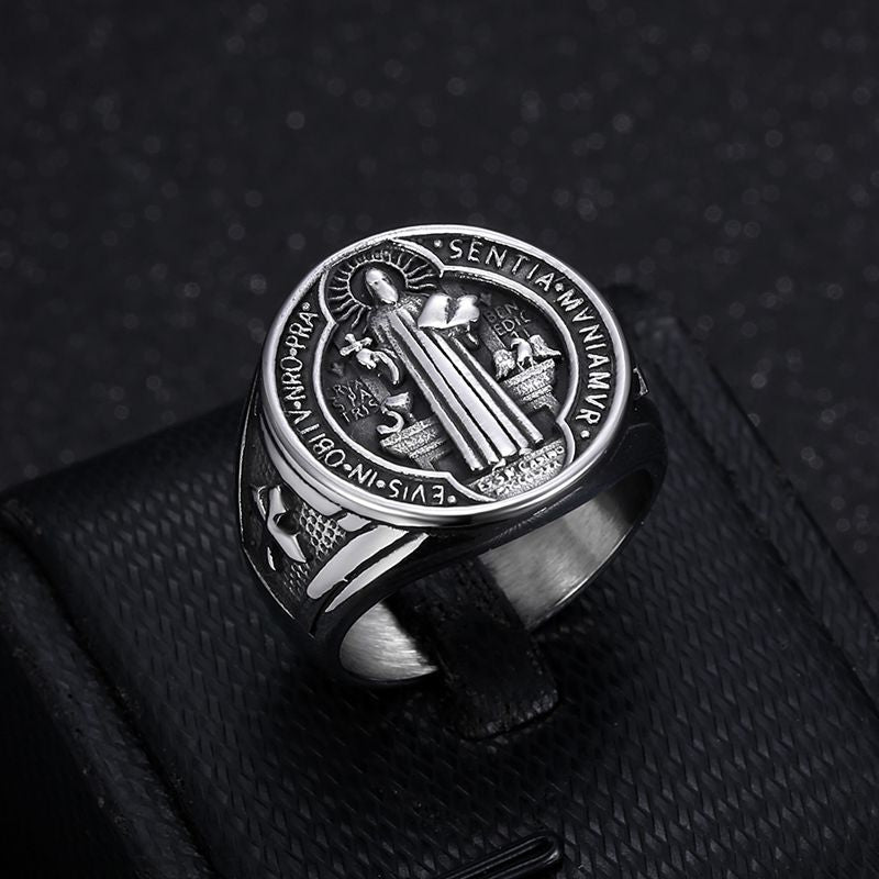 Planderful Saint Benedict Ring For Men Stainless Steel Gold Plated Hip Hop Jewelry Durable Statement