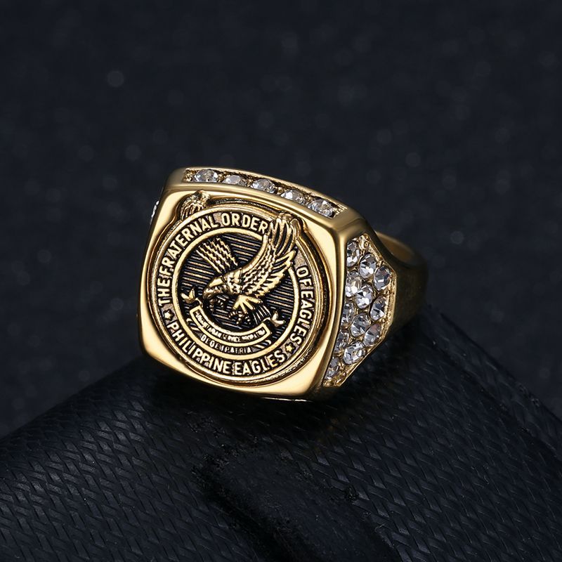 Planderful Everyday Genie Titanium Steel Gold Plated Rhinestone Philippine Eagle Unisex Ring