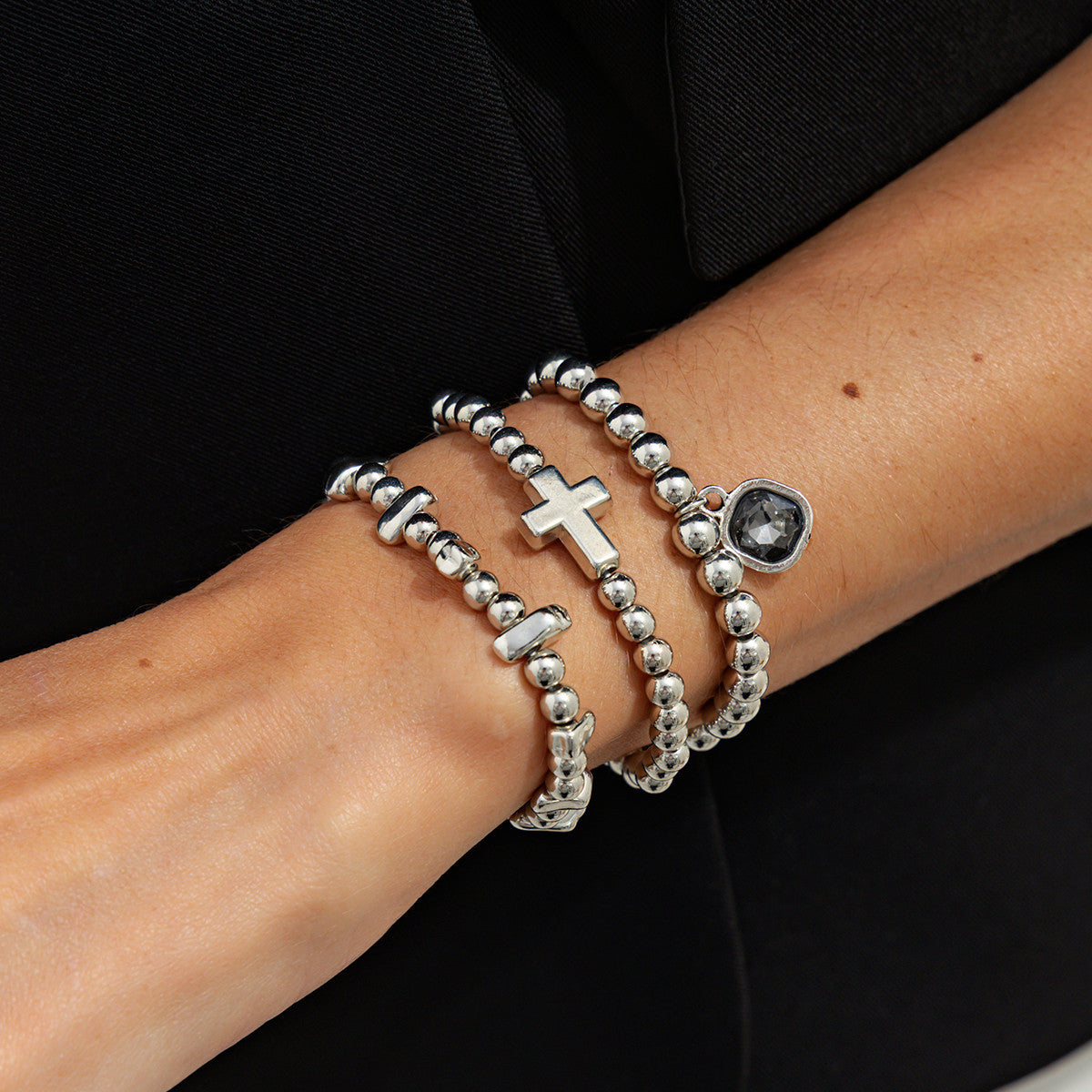 Planderful Vienna Verve Elastic Silver Beaded Bracelet Set With Personalized Gray Stone Pendant Cross For Her