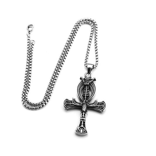 Vintage Cross Egyptian Stainless Steel Men's Pendant Necklace