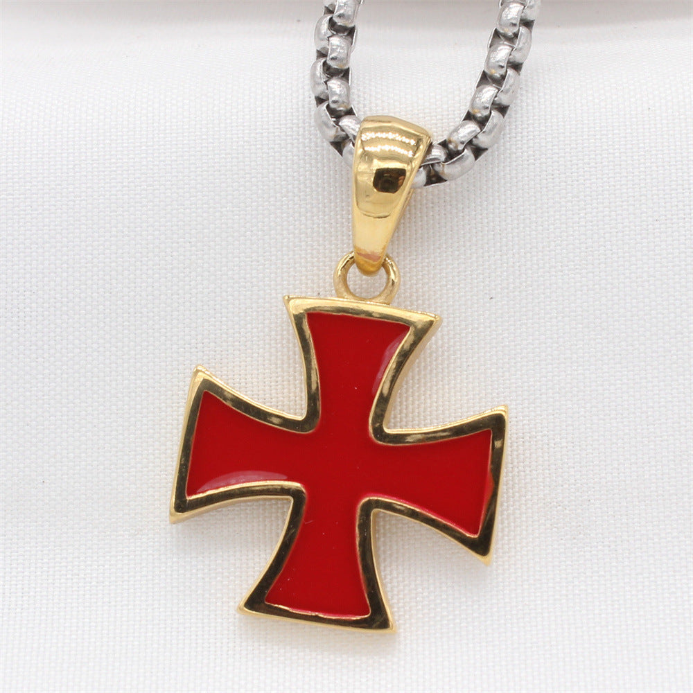 Planderful Everyday Genie – European and American Retro Red Cross Men's Titanium Steel Pendant Necklace