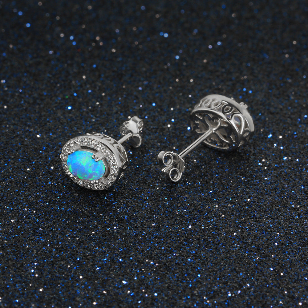 Planderful Jewelry Sterling Silver Opal Stud Earrings With Blue Oval Opal And Zircon Halo