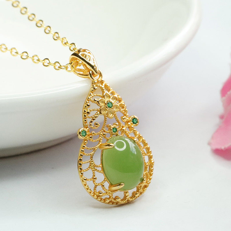 Sterling Silver Jade Pendant Necklace with Hollow Gourd Design