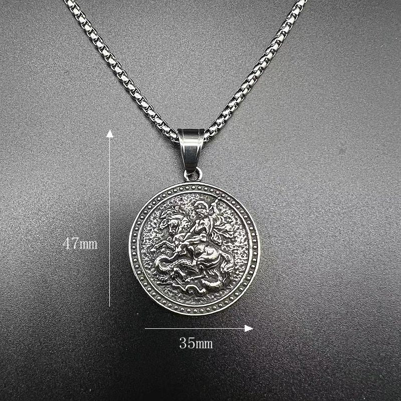 Steel Necklace – Vintage St George Dragon Slayer Pendant For Men Great Gift For Him Noble Medieval Style