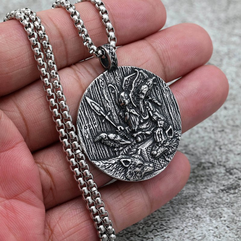 Planderful Odin Pendant Necklace Vintage Stainless Steel Unisex Double Sided Viking God Jewelry