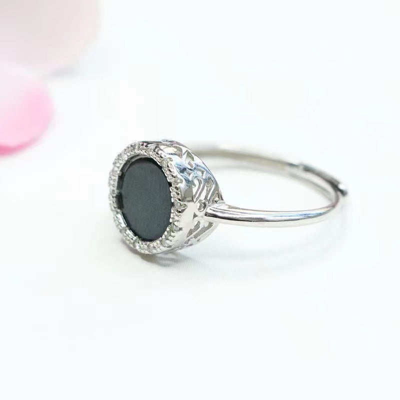 Sterling Silver Adjustable Round Blackish Green Jade Ring