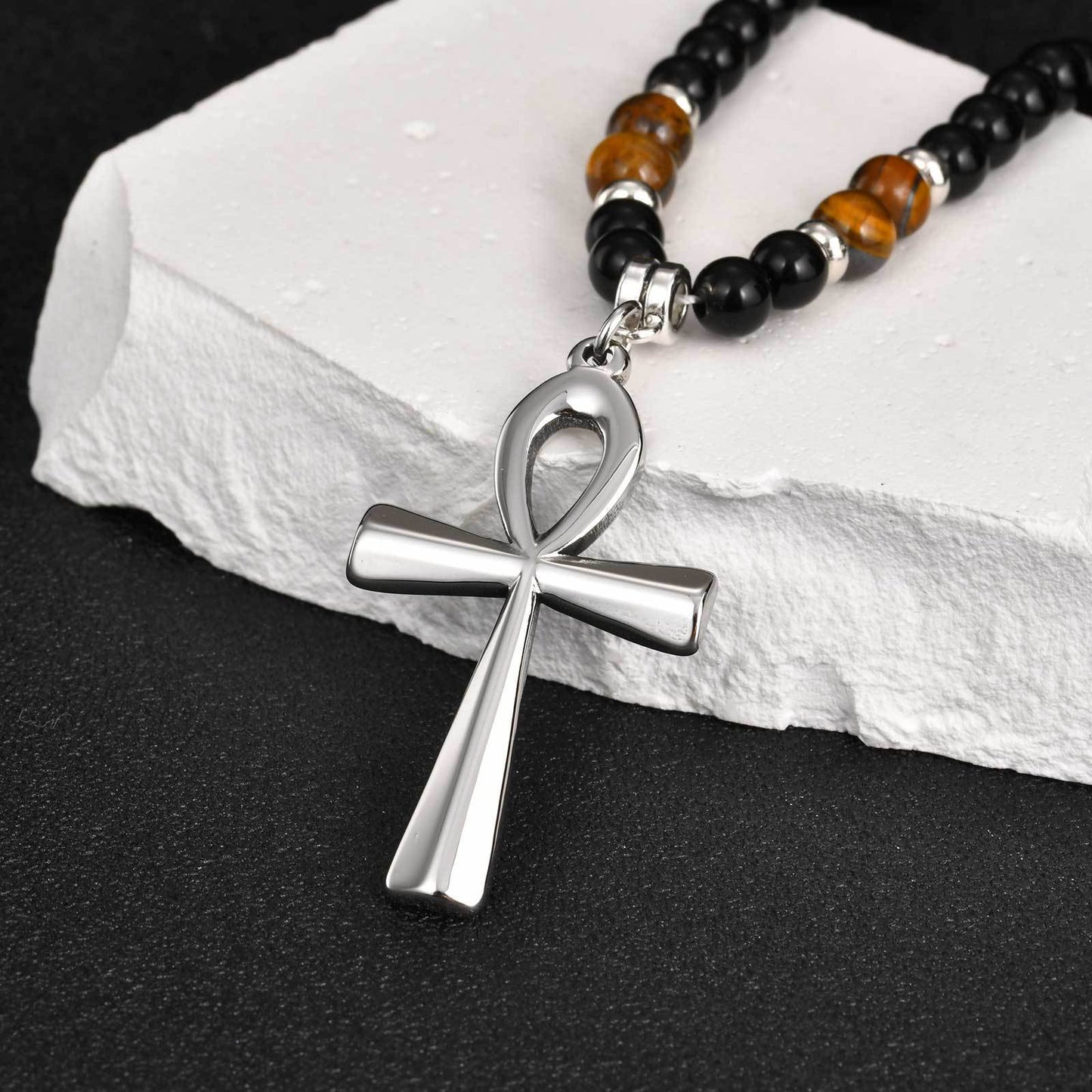 Stainless Steel Anka Cross Black Acrylic Round Beads Natural Tiger's Eye Beaded Necklace