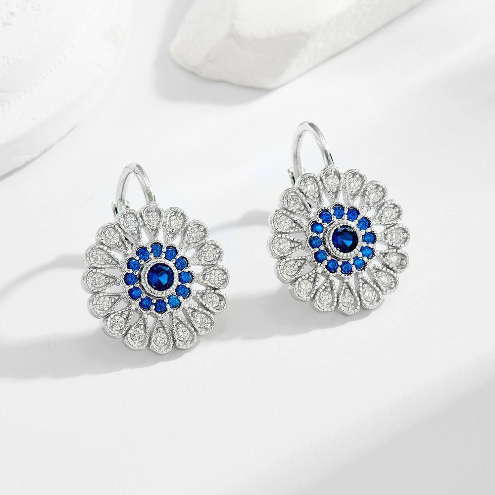 Planderful S925 Sterling Silver Sunflower Stud Earrings With Blue Zircon Luxury Jewelry For Women