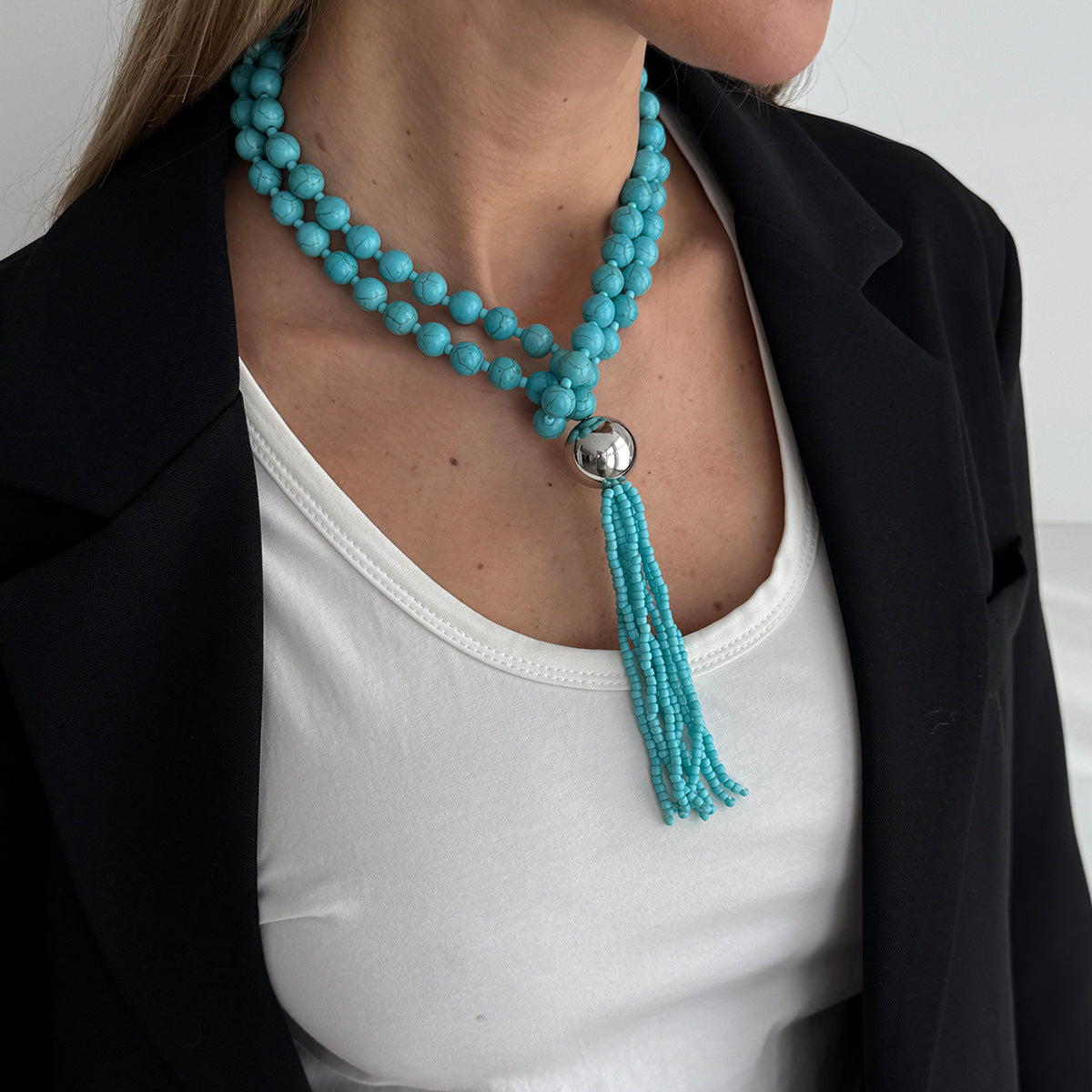 Acrylic Beaded Rice Bead Necklace Exaggerated Large Round Bead Y-Shaped Fringed