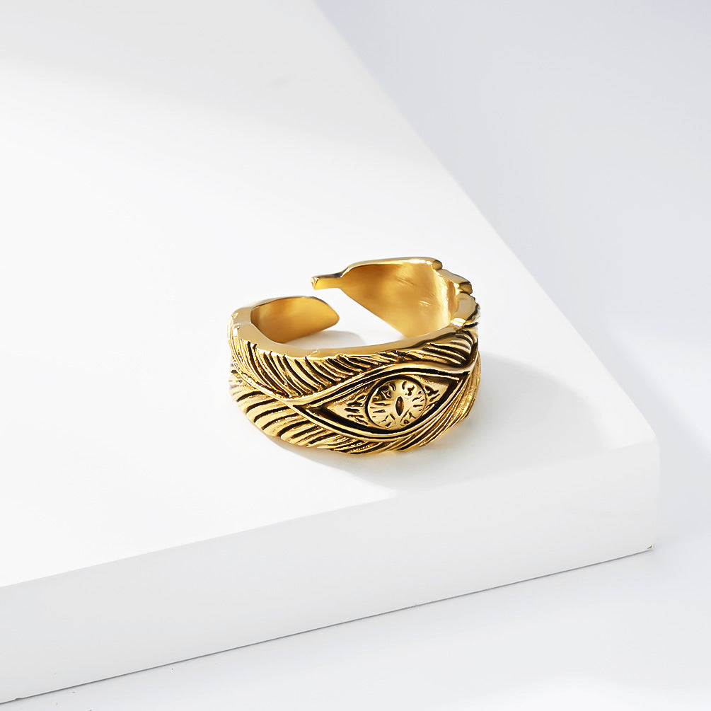 Stainless Steel Ring Everyday Genie By Planderful Collection For Men Unisex Retro Feather Eyes Design Durable Statement