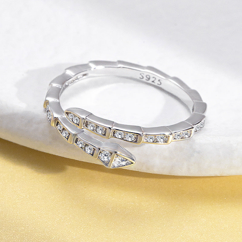 Slim Snake Bone Zircon Opening Sterling Silver Ring
