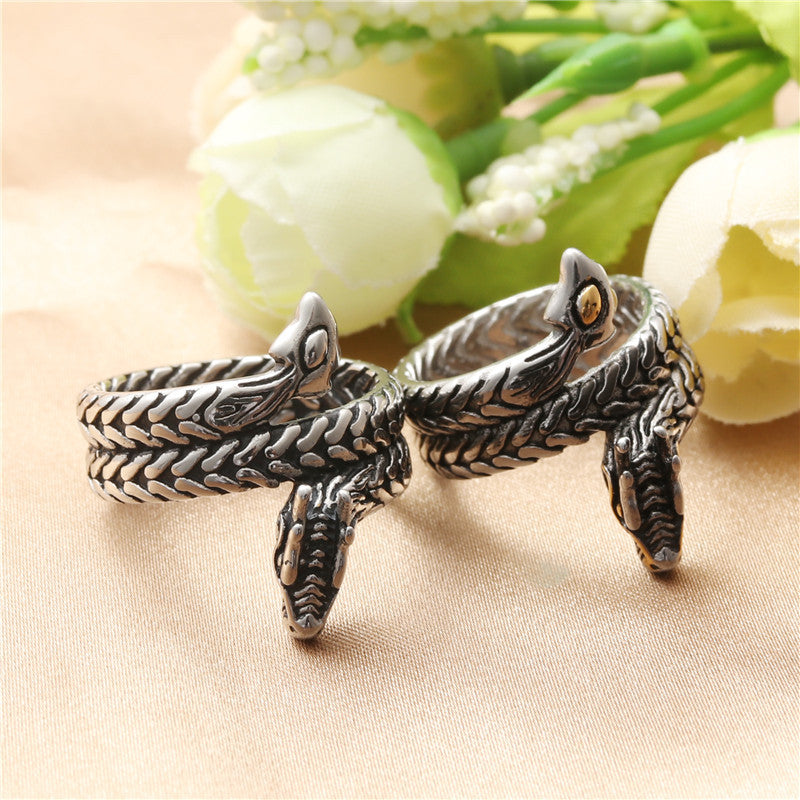 Titanium Steel Retro Snake and Dragon Ring for Men - Trendy Animal Accessories