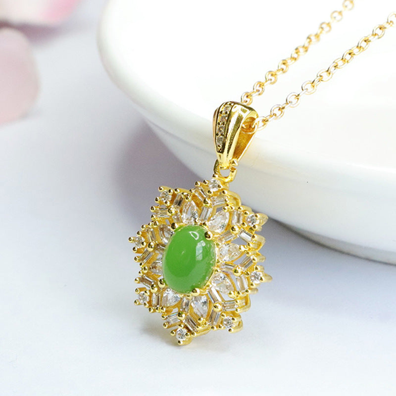 Snowflake Jade Necklace with Sterling Silver Chain