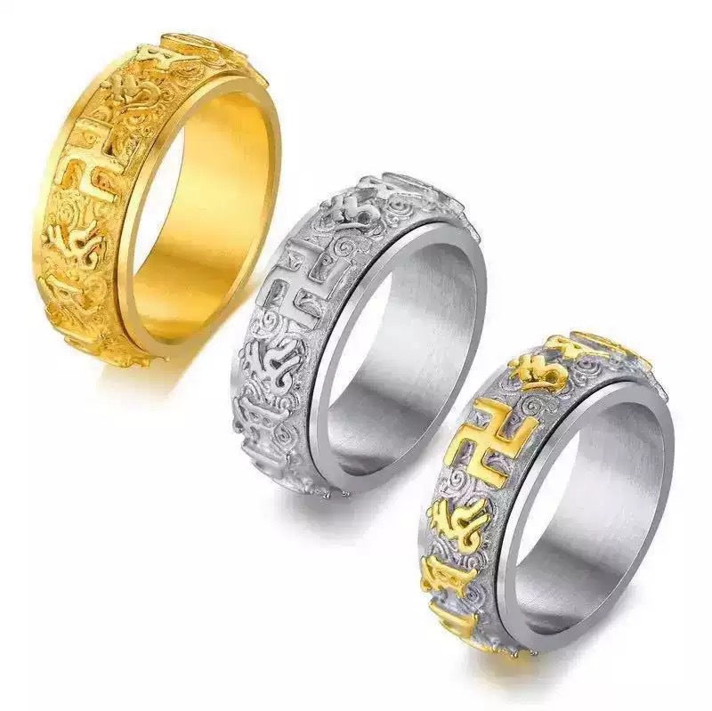 Planderful Everyday Genie Mantra Ring For Men Stainless Steel Rotating Six Character