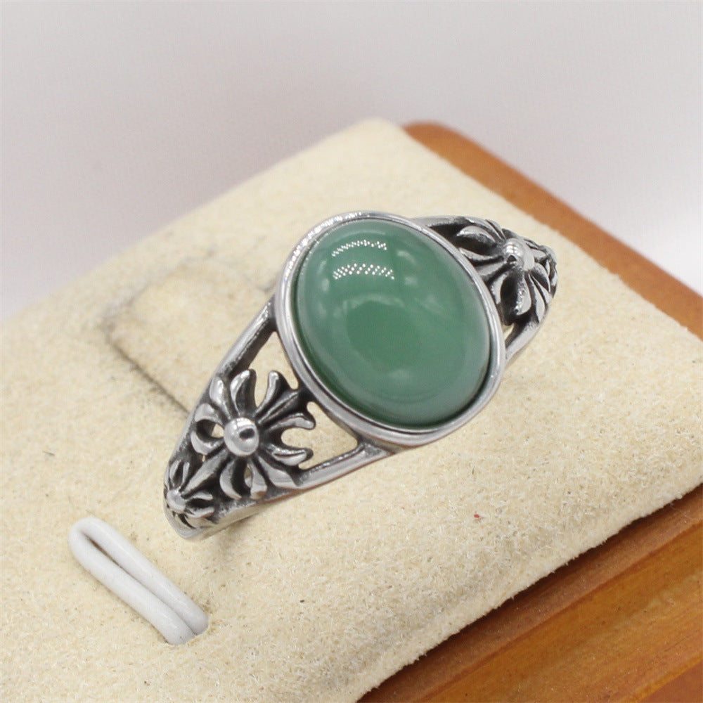 Planderful Titanium Steel Ring For Men Unisex Retro Cross Flower Oval Stone Durable
