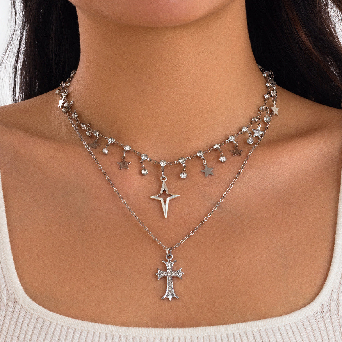 Gothic Cross & Star Rhinestone-Style Choker