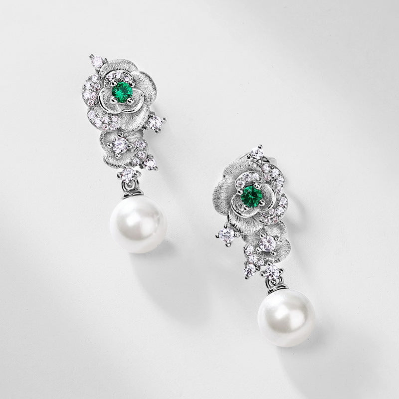 S925 Sterling Silver Lab-Grown Emerald & Pearl Flower Stud Earrings
