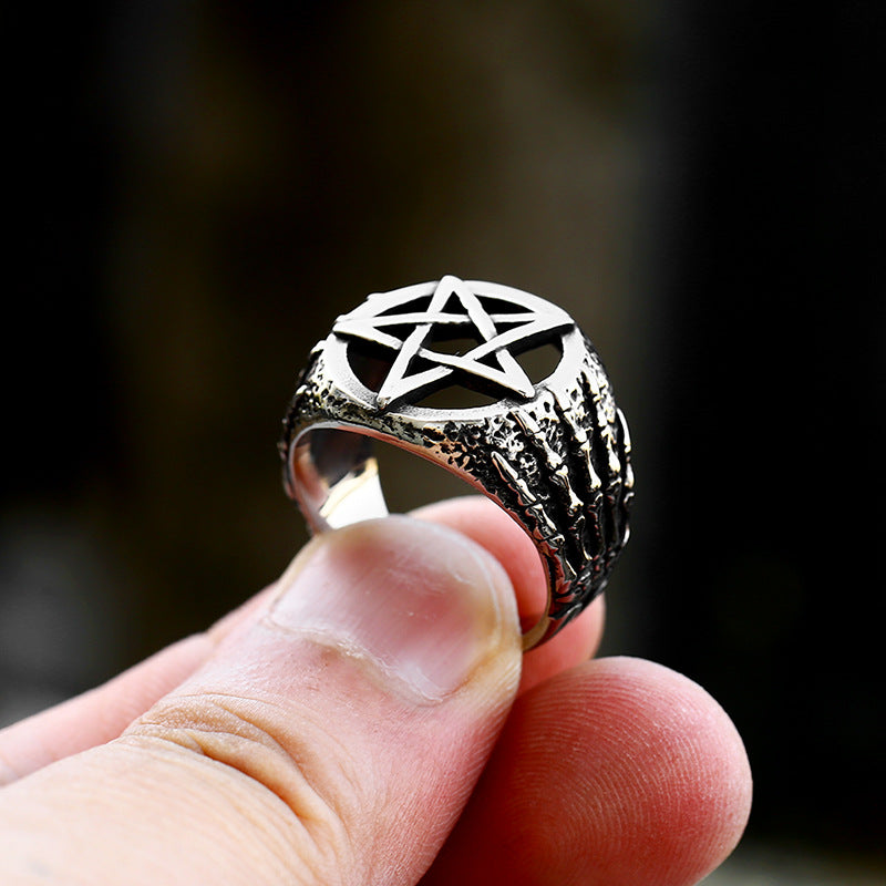 Domineering Titanium Steel Men's Retro Pentagram Ring with Stainless Steel Hand Bone Design