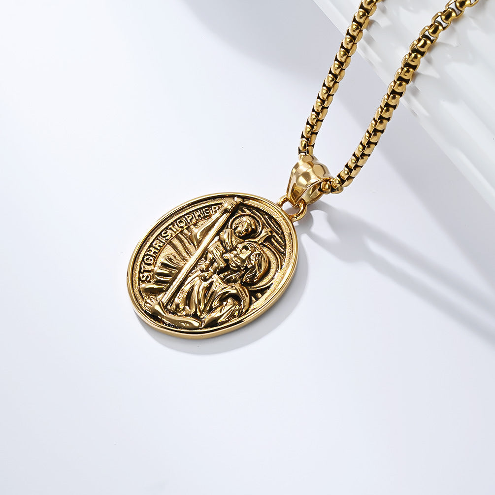 Planderful St Christopher Necklace For Men Titanium Steel Pendant Retro Literary Style Everyday Genie