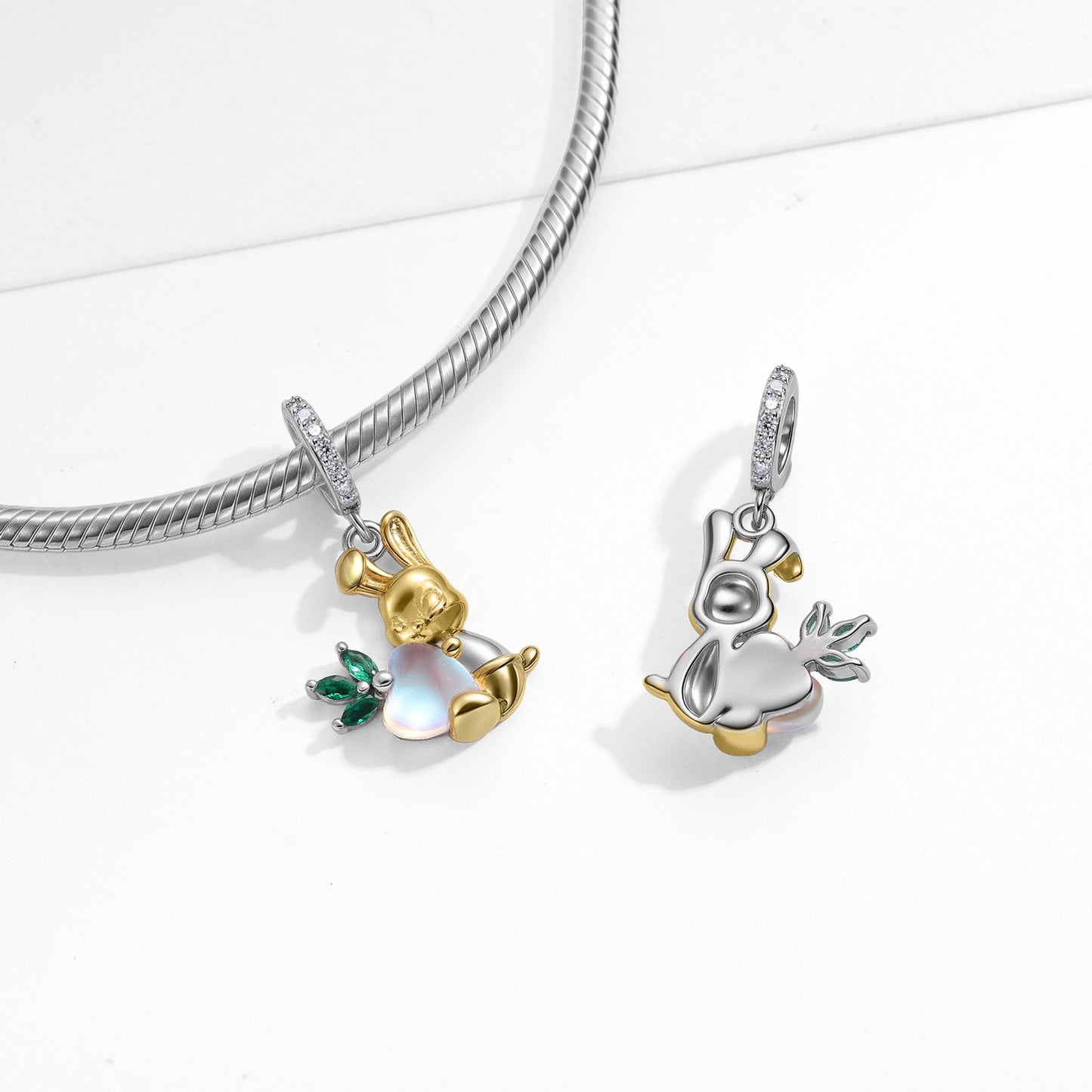 Planderful Jewelry Moonstone Rabbit Pendant in Sterling Silver With 14K Gold Plating