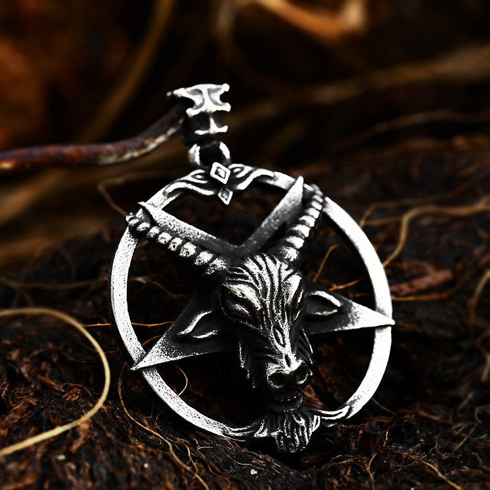 Retro Punk Titanium Steel Pendant with Satanic Pentagram and Sheep Head Design for Men