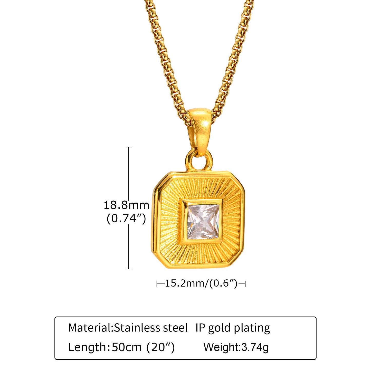 Stainless Steel Zircon Square Pendant Necklace Gold Women