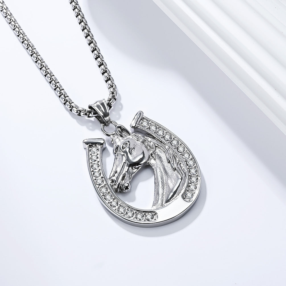 Planderful Horseshoe Necklace With Zircon Horse Head Pendant In Titanium Steel For Men Hip Hop Style Jewelry